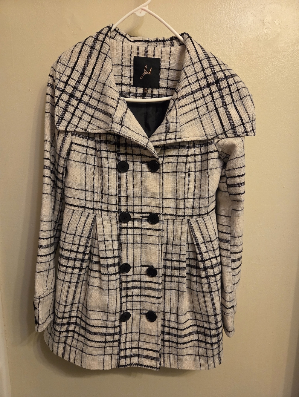 Jack by BB Dakota Black and Cream Checkered Pea Coat Womans Medium